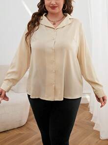 SHEIN Essnce Hơn Chất rắn Nút phía trước Áo sơ mi - Màu be - Xem 6