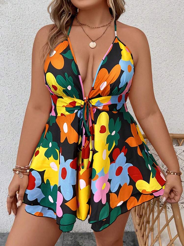 SHEIN Clasi Talla grande Mono de tirantes con estampado floral con nudo delantero de cuello halter de espalda abierta - Multicolor - Añade 1