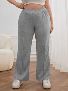 SHEIN Essnce Plus Solid Elastic Waist Flare Leg Joggers - Light Grey - View 3