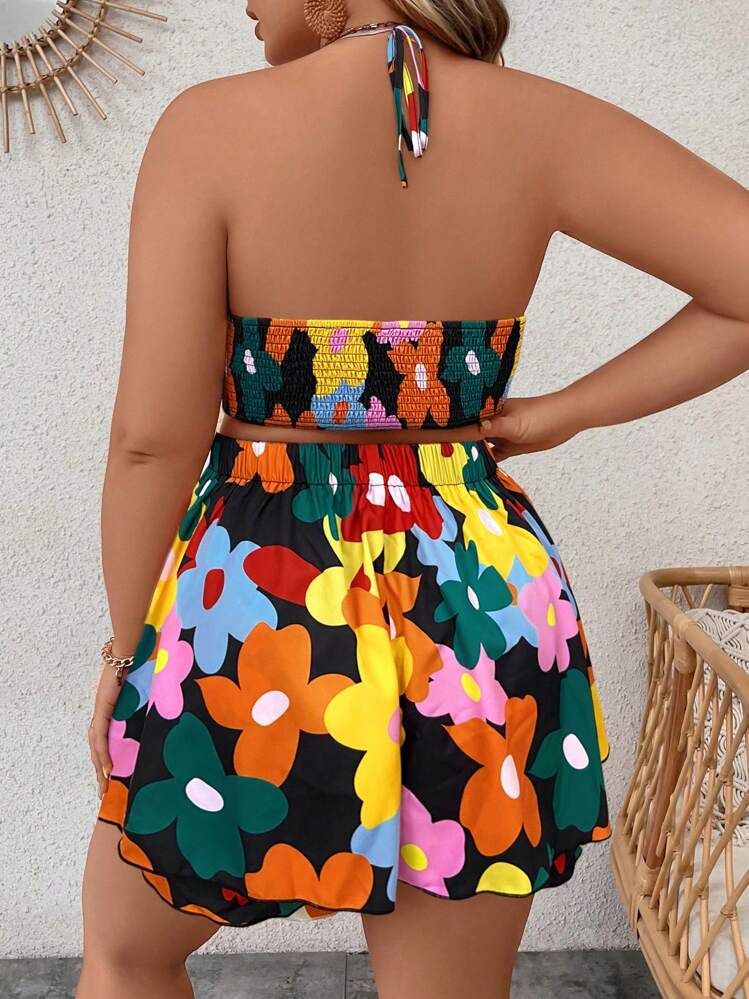 SHEIN Clasi Talla grande Mono de tirantes con estampado floral con nudo delantero de cuello halter de espalda abierta - Multicolor - Añade 2