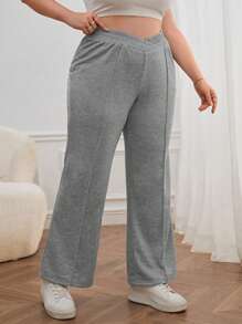 SHEIN Essnce Plus Solid Elastic Waist Flare Leg Joggers - Light Grey - View 4