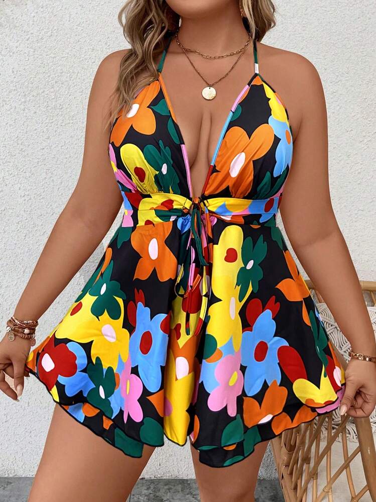 SHEIN Clasi Talla grande Mono de tirantes con estampado floral con nudo delantero de cuello halter de espalda abierta - Multicolor - Añade 5