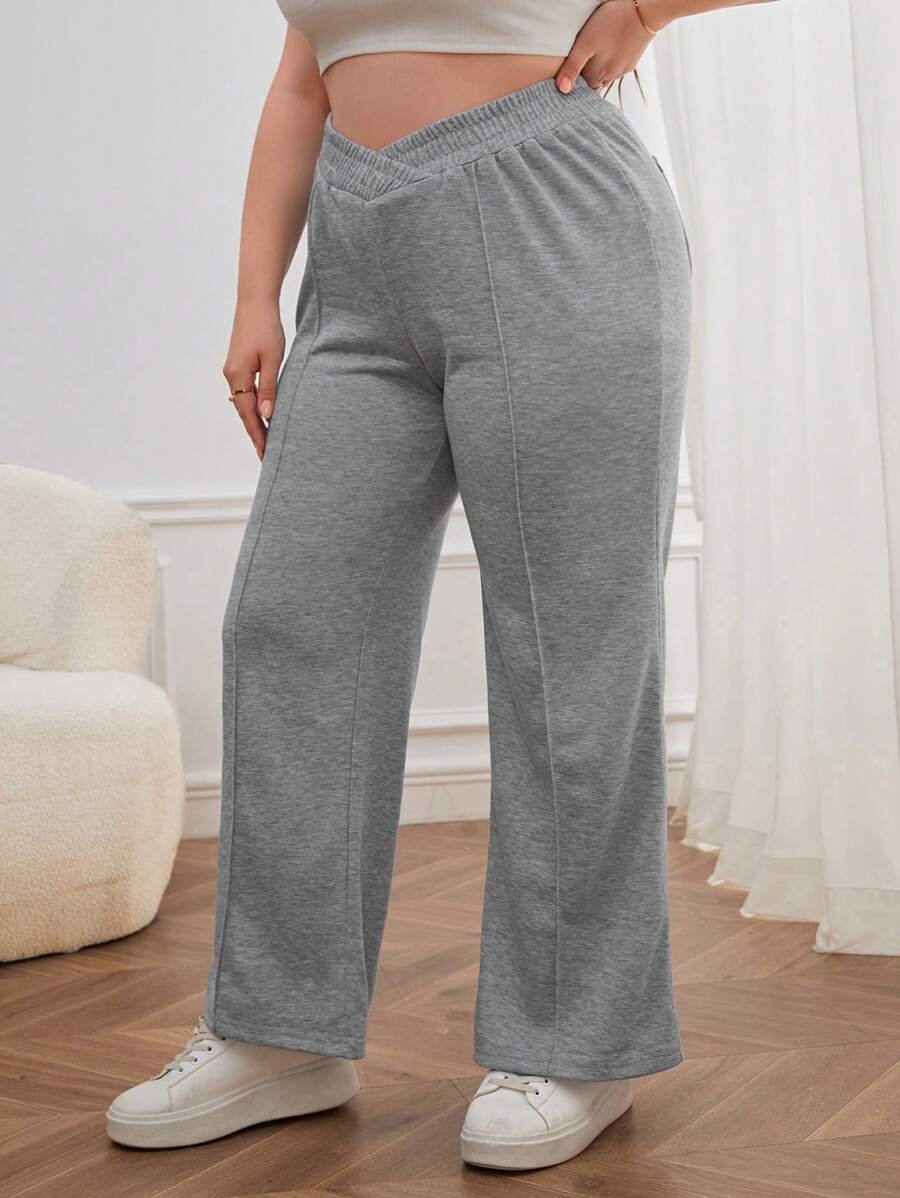 SHEIN Essnce Plus Solid Elastic Waist Flare Leg Joggers - Light Grey - View 1