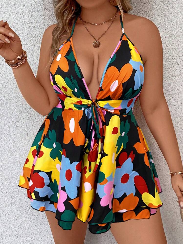 SHEIN Clasi Talla grande Mono de tirantes con estampado floral con nudo delantero de cuello halter de espalda abierta - Multicolor - Añade 6
