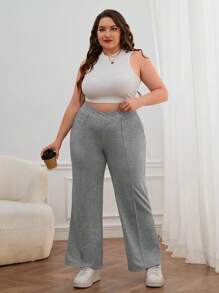 SHEIN Essnce Plus Solid Elastic Waist Flare Leg Joggers - Light Grey - View 5