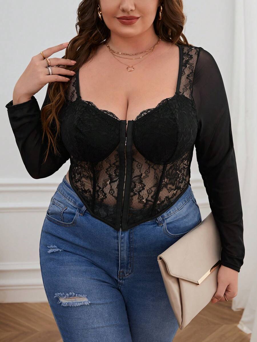 SHEIN Privé Plus Hook And Eye Contrast Lace Bustier Mesh Top - Black - View 1