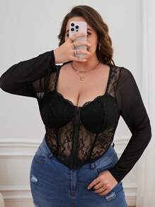 SHEIN Privé Plus Hook And Eye Contrast Lace Bustier Mesh Top - Black - View 4