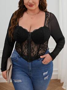 SHEIN Privé Plus Hook And Eye Contrast Lace Bustier Mesh Top - Black - View 5