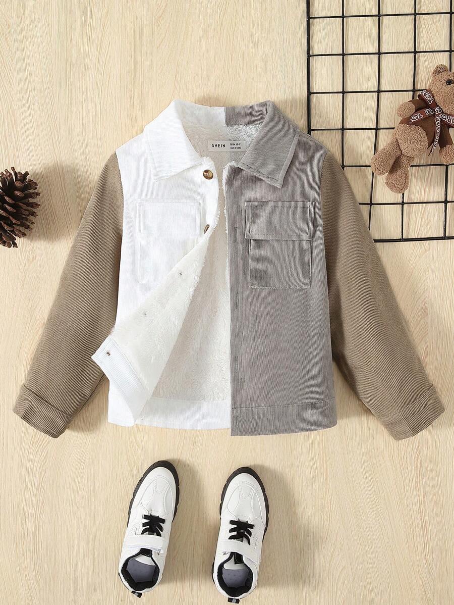 SHEIN جاكيت ألوان متباينة جيب قلاب حافظ للحرارة ولد طفل