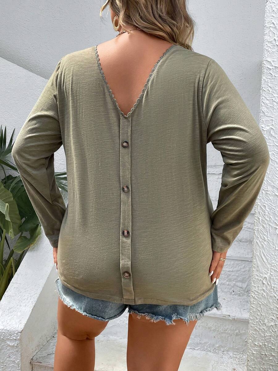 SHEIN Frenchy Plus Button Back Tee - Green - View 1