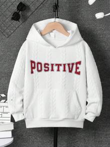 SHEIN Tween Boy Letter Graphic Cable Knit Hooded Sweatshirt - White - View 1