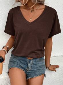EMERY ROSE Solid V Neck Tee