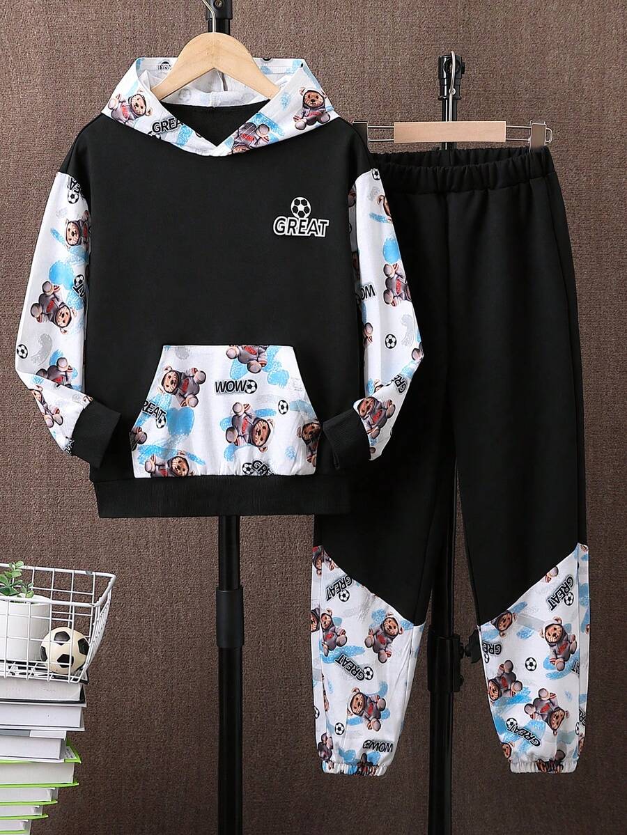 Tween Boy Letter & Bear Print Kangaroo Pocket Hoodie & Sweatpants - Multicolor - View 1