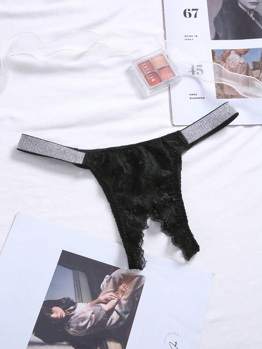 Lace Insert Contrast Tape Crotchless Thong Lingerie - Black - View 1