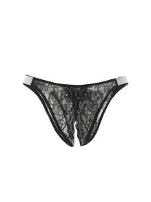 Lace Insert Contrast Tape Crotchless Thong Lingerie - Black - View 2