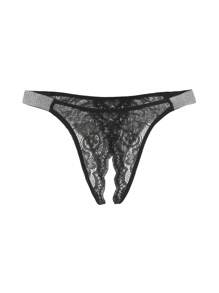 Lace Insert Contrast Tape Crotchless Thong Lingerie - Black - View 3