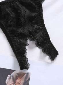 Lace Insert Contrast Tape Crotchless Thong Lingerie - Black - View 6