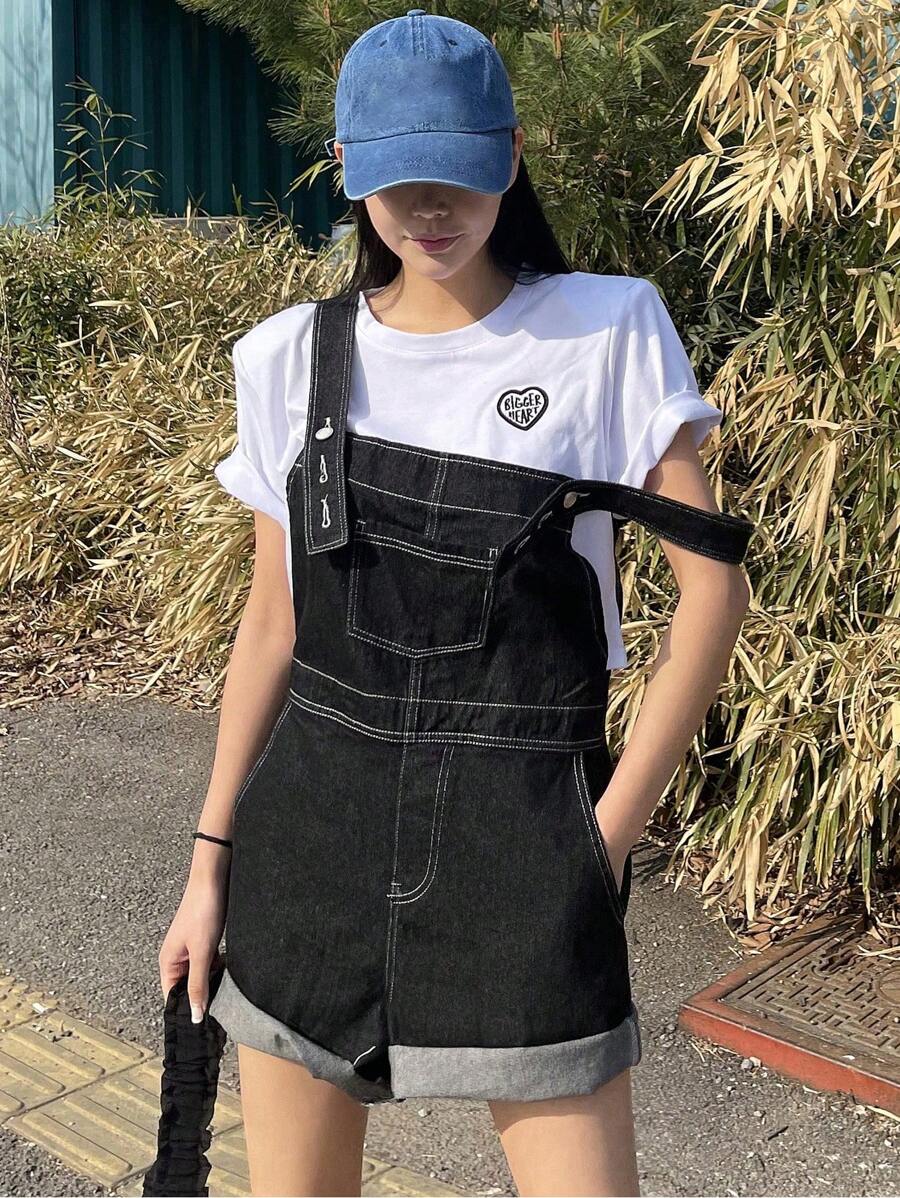 DAZY Top-stitching Roll Hem Denim Dungaree Romper Without Tee - Black - View 1
