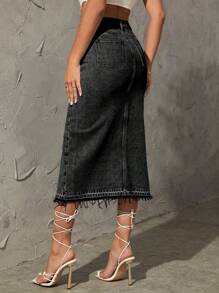 SHEIN Essnce 高腰毛邊緣高衩牛仔半身裙 - 黑色 - 查看 3