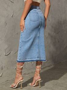 SHEIN Essnce High Waist Split Thigh Denim Skirt - Medium Wash - View 2
