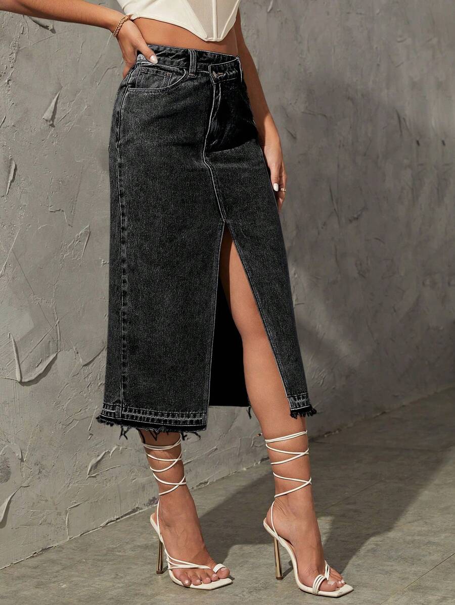 SHEIN Essnce 高腰毛邊緣高衩牛仔半身裙 - 黑色 - 查看 1