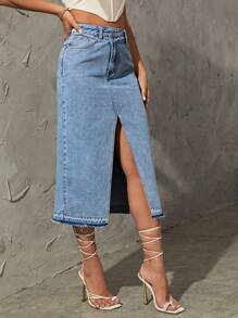 SHEIN Essnce High Waist Split Thigh Denim Skirt - Medium Wash - View 5
