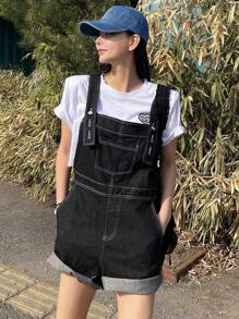 DAZY Top-stitching Roll Hem Denim Dungaree Romper Without Tee - Black - View 4