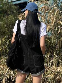 DAZY Top-stitching Roll Hem Denim Dungaree Romper Without Tee - Black - View 5