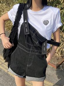 DAZY Top-stitching Roll Hem Denim Dungaree Romper Without Tee - Black - View 7