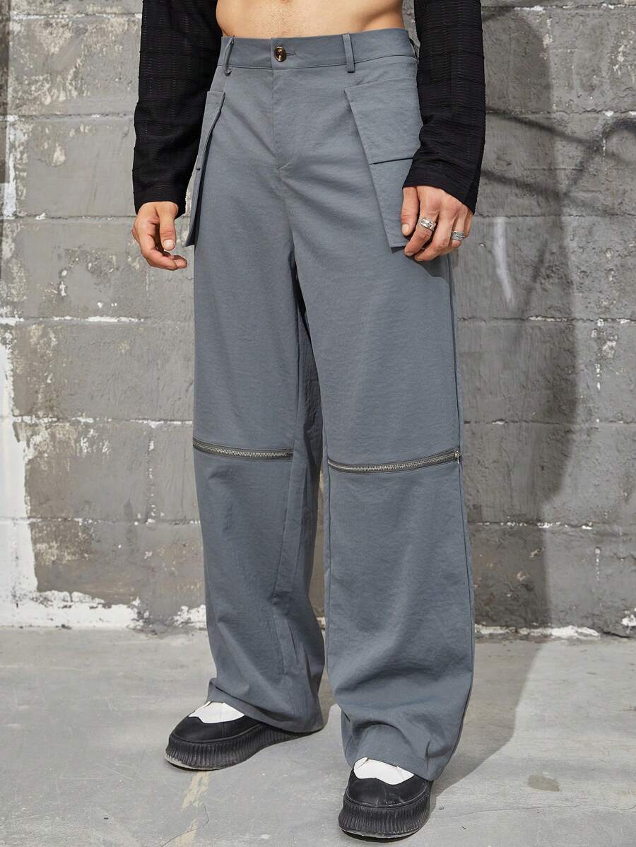 Manfinity EMRG 男士寬鬆褲子,帶有翻蓋口袋和拉鍊細節 - 灰色 - 查看 1