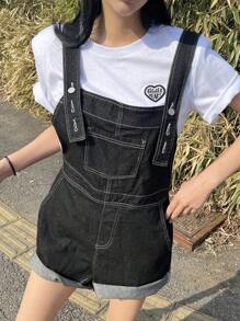 DAZY Top-stitching Roll Hem Denim Dungaree Romper Without Tee - Black - View 8