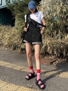 DAZY Top-stitching Roll Hem Denim Dungaree Romper Without Tee - Black - View 9