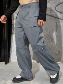 Manfinity EMRG 男士寬鬆褲子,帶有翻蓋口袋和拉鍊細節 - 灰色 - 查看 5