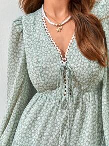 Soleia 碎花前打結燈籠袖荷葉邊連衣裙 - 彩色 - 查看 4