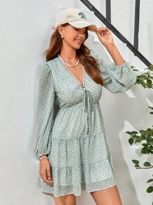 Soleia 碎花前打結燈籠袖荷葉邊連衣裙 - 彩色 - 查看 6