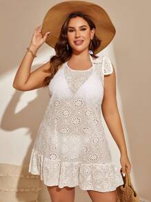 Plus Tie Shoulder Ruffle Hem Cover Up Dress Without Bikini, For Summer Beach Vacation - White - View 1