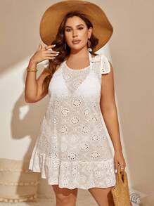 Plus Tie Shoulder Ruffle Hem Cover Up Dress Without Bikini, For Summer Beach Vacation - White - View 2