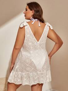 Plus Tie Shoulder Ruffle Hem Cover Up Dress Without Bikini, For Summer Beach Vacation - White - View 5