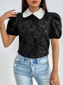 SHEIN Privé Contrast Collar Puff Sleeve Blouse - Black and White - View 1