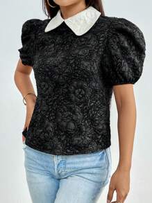 SHEIN Privé Contrast Collar Puff Sleeve Blouse - Black and White - View 4