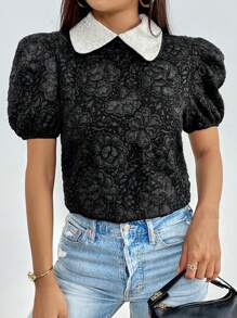 SHEIN Privé Contrast Collar Puff Sleeve Blouse - Black and White - View 6