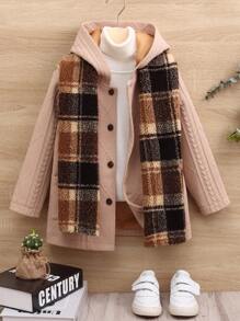 SHEIN Chaqueta casual holgada con cuello vuelto y bolsillos dobles, y bufanda de felpa a cuadros estilo teddy, conjunto de estilo callejero informal para niños, para otoño e invierno