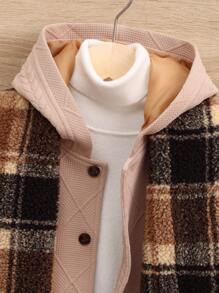SHEIN Chaqueta casual holgada con cuello vuelto y bolsillos dobles, y bufanda de felpa a cuadros estilo teddy, conjunto de estilo callejero informal para niños, para otoño e invierno