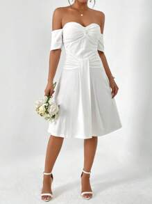 SHEIN Privé 一字肩前扭結褶邊洋裝 - 白色 - 查看 4