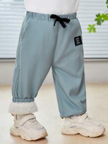 SHEIN Baby Boy Letter Patched Detail Tie Front Thermal Pants - Dusty Blue - View 1