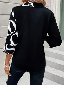 SHEIN Clasi 字母图案卷袖衬衫，长袖上衣 - 黑色 - 查看 2
