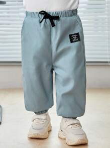 SHEIN Baby Boy Letter Patched Detail Tie Front Thermal Pants - Dusty Blue - View 3