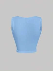 SHEIN MOD 方領褶邊背心上衣 - 淺藍色 - 查看 3