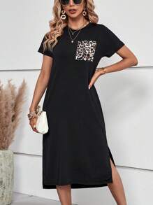 SHEIN LUNE 豹紋印花下擺開叉T恤洋裝 - 黑色 - 查看 1