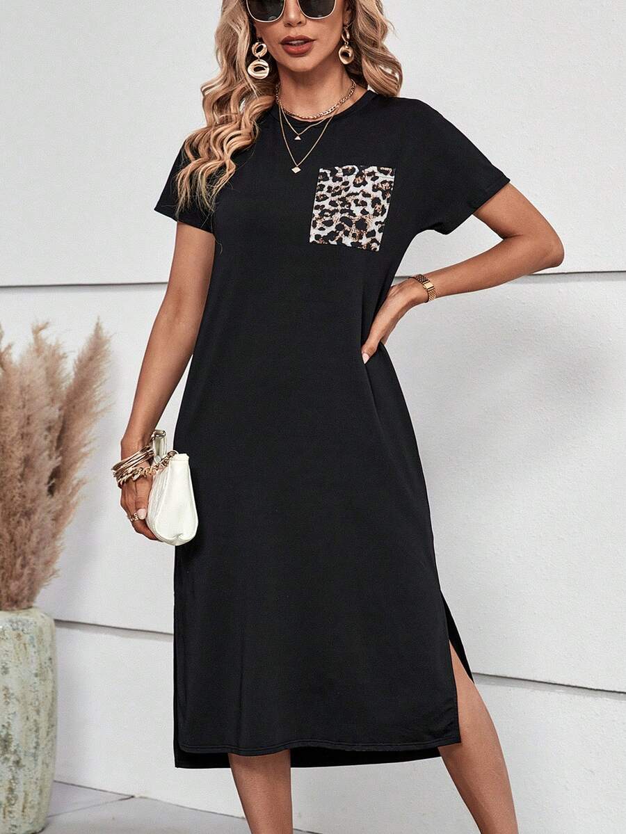 SHEIN LUNE 豹紋印花下擺開叉T恤洋裝 - 黑色 - 查看 1